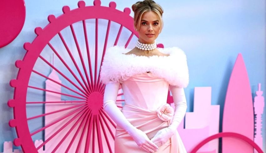 A woman in a pink dress posing in front of a pink tower.