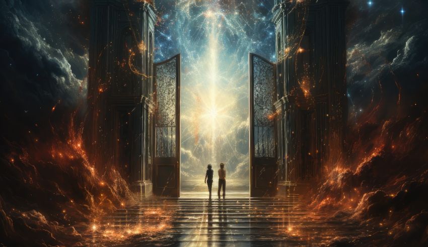 An image of two people standing in front of an open door.