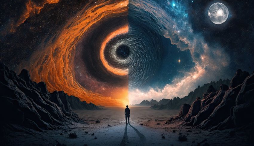 An image of a person standing in front of a spiral and a moon.
