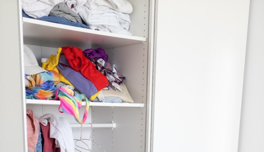 A white closet with clothes on it.