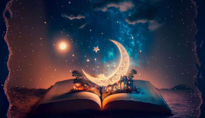 An open book with a crescent and stars in the sky.