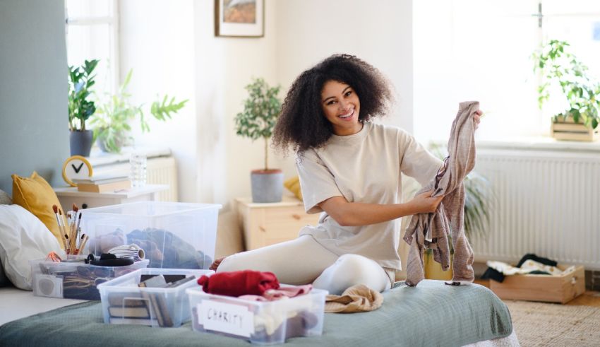 A woman sitting on a bed with clothes on it.