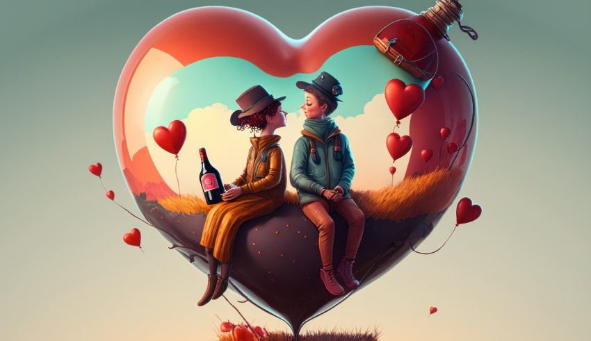 Two people sitting on top of a heart shaped balloon.
