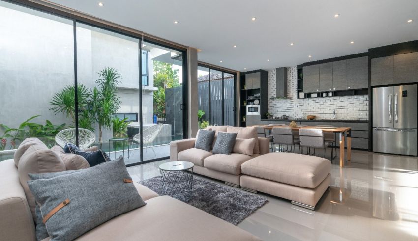 A modern living room with sliding glass doors.