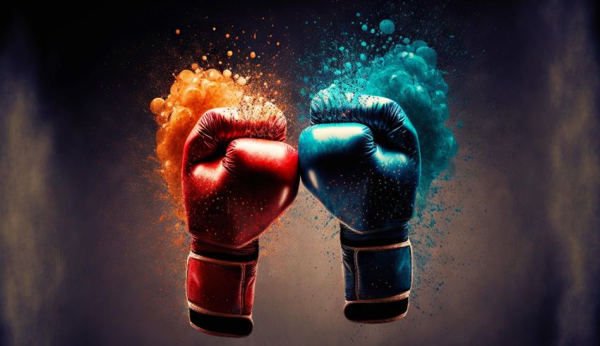 Two boxing gloves on a dark background.