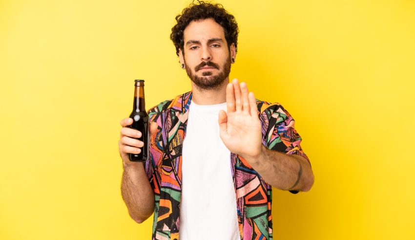 A man holding a beer and making a stop sign on a yellow background.