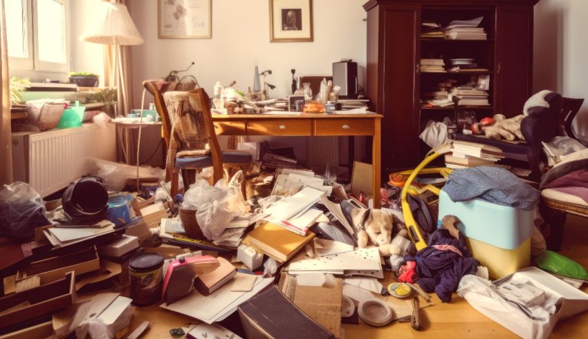 A room full of clutter with a desk and chair.