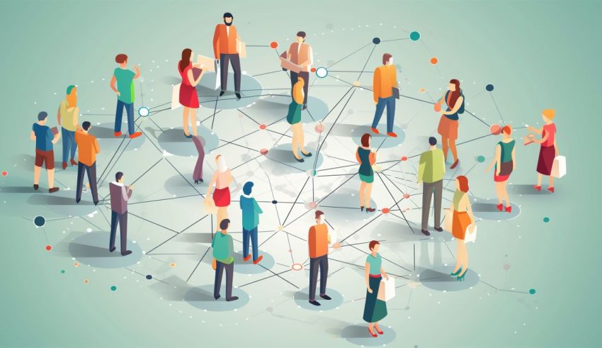 A group of people standing around a network.