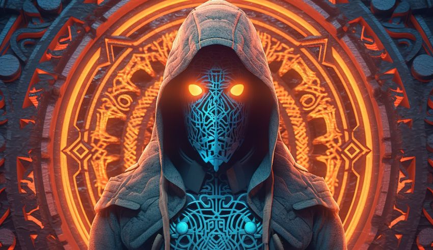 An image of a man in a hoodie with glowing eyes.