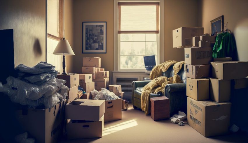 A room full of boxes and a couch.