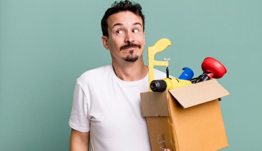 A man holding a cardboard box full of tools.