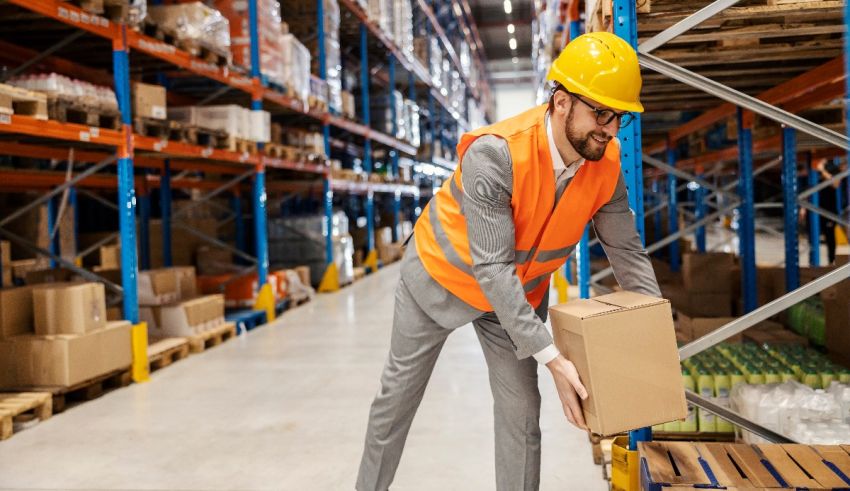 A warehouse worker carrying a box in a warehouse.