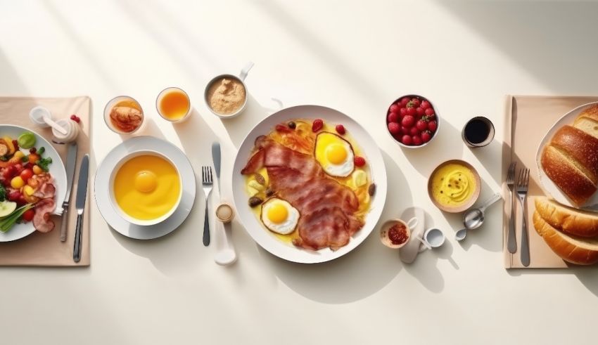 A row of plates with breakfast food on them.