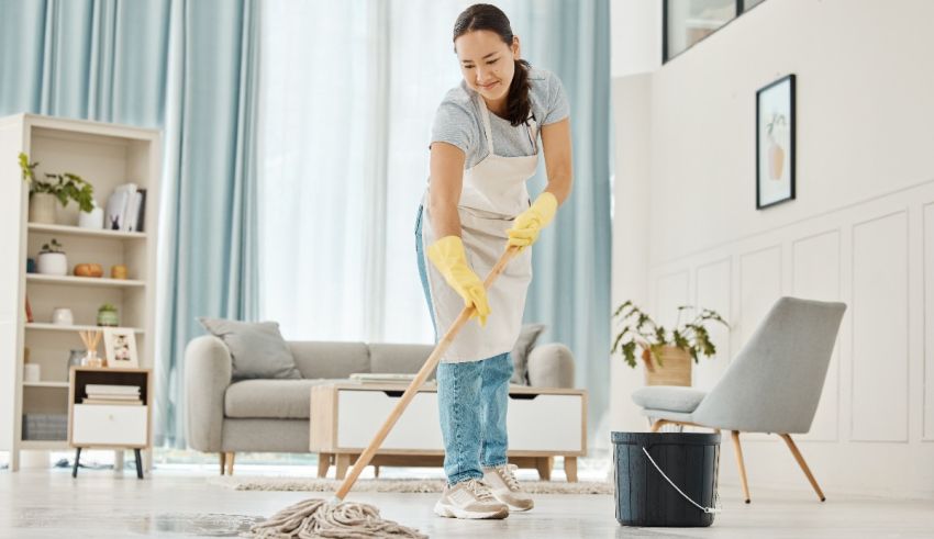 A woman mopping a floor in a living room.