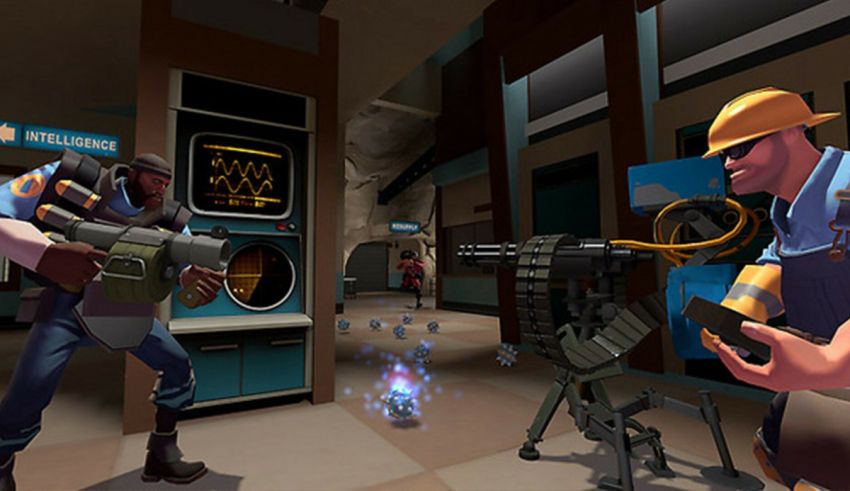 A group of men in a room with a machine gun.