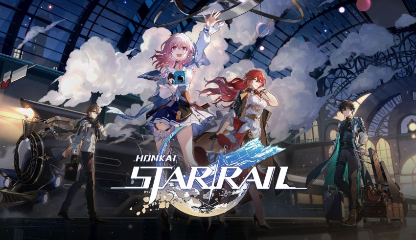 A group of people standing in front of a train station with the title starrail.