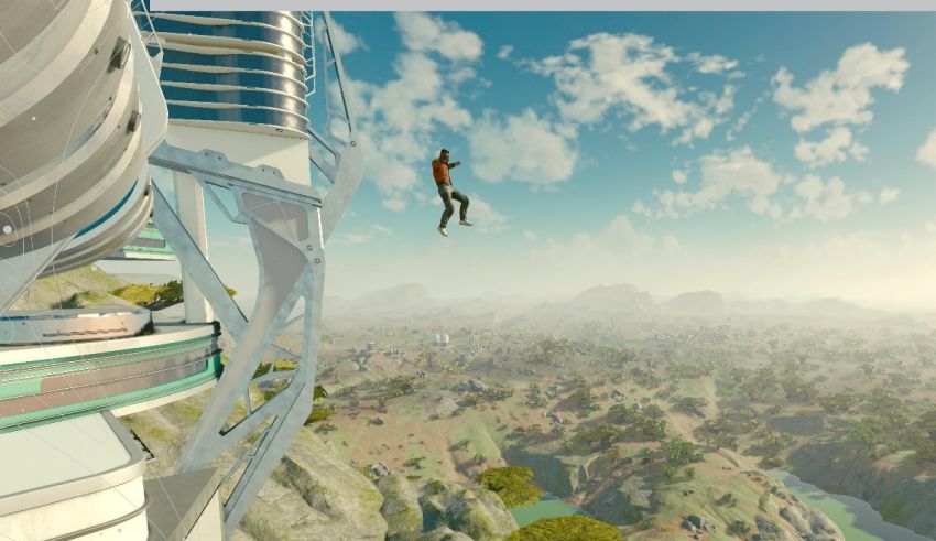 A man is jumping off a building in a video game.