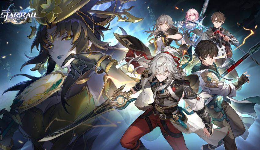 A group of characters with swords in front of a dark background.