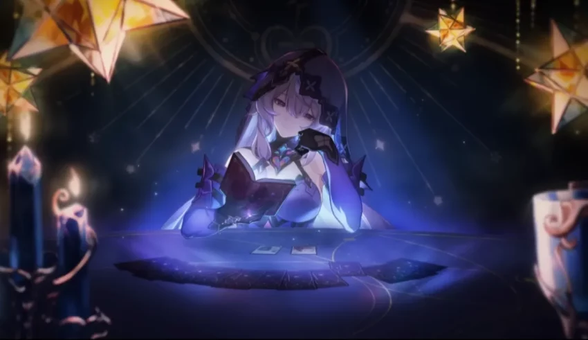 A girl is sitting at a table with stars around her.