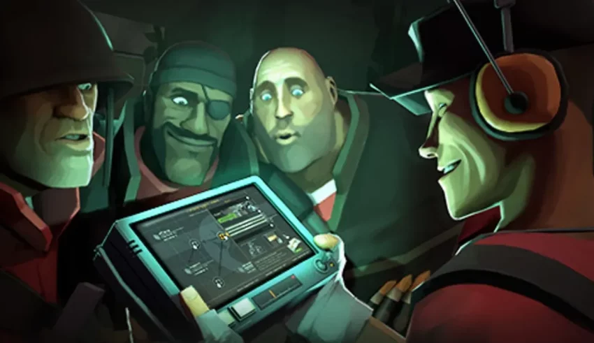 A group of people are looking at a tablet.