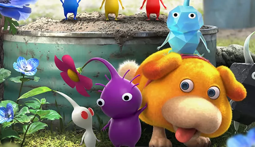 A group of cartoon characters are standing in front of a flower pot.