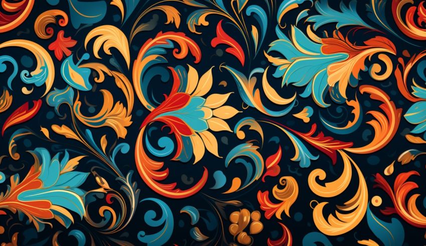A colorful floral pattern on a dark background.