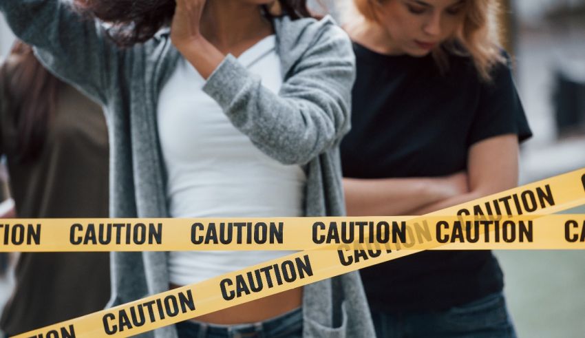 A group of women standing in front of caution tape.
