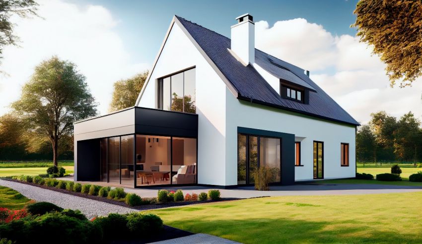 3d rendering of a modern house in the countryside.