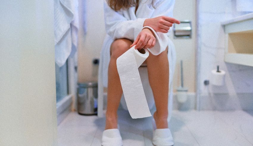 A woman is sitting on a toilet in a bathroom.