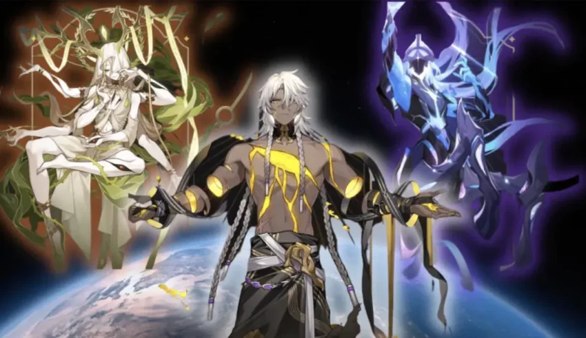 Three anime characters standing in front of the earth.
