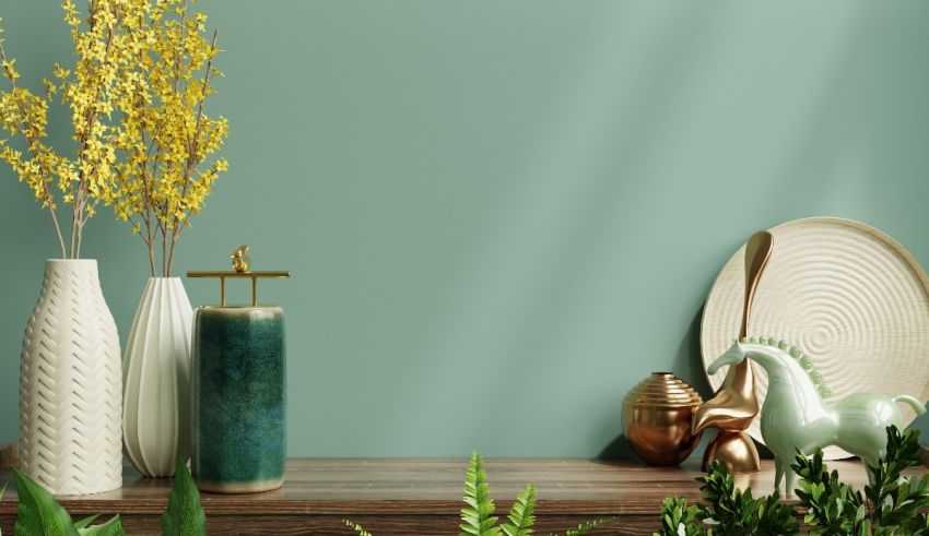 Vases and flowers on a shelf with a green wall.