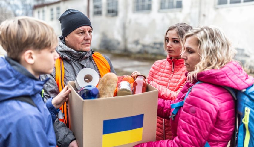 A group of people are holding a box of food.