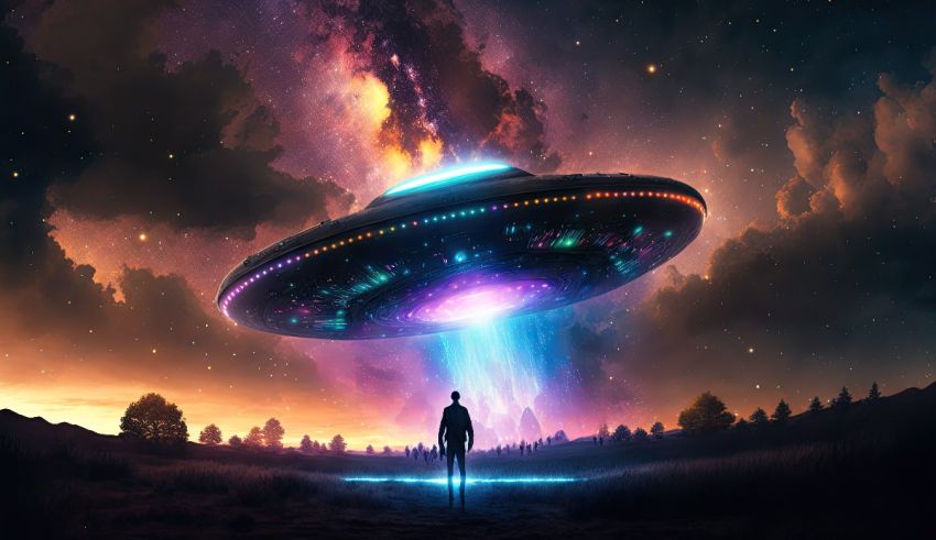 A man is standing in front of an ufo flying over a field.