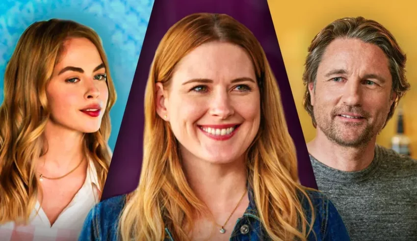 Four people are smiling in front of a colorful background.