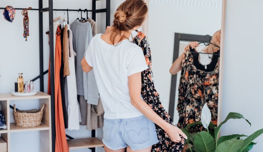 A woman looking at her clothes in a closet.