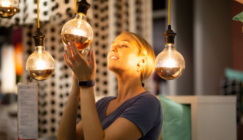 A woman looking at light bulbs in a store.