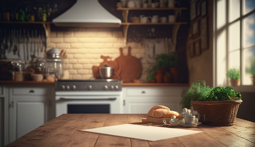 A kitchen with a wooden table and a basket of vegetables.