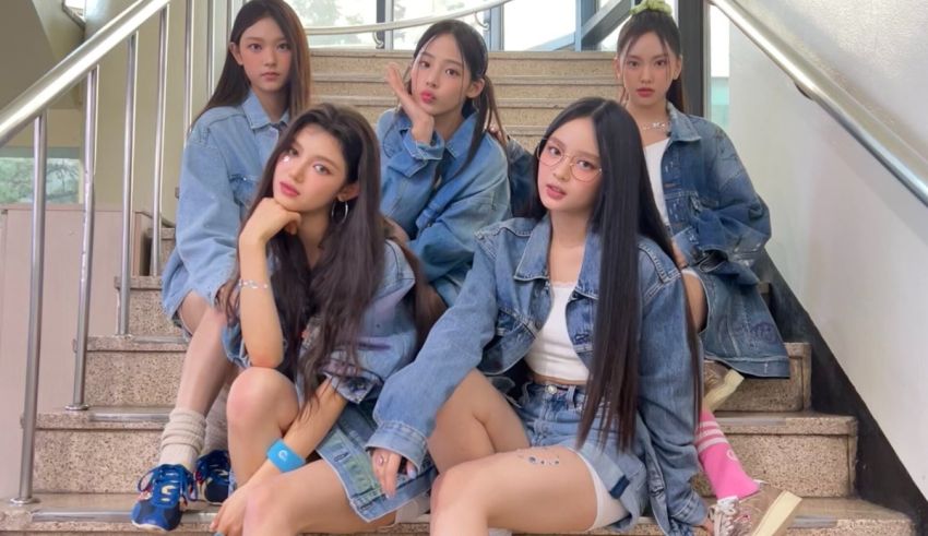 A group of girls in denim jackets posing on stairs.