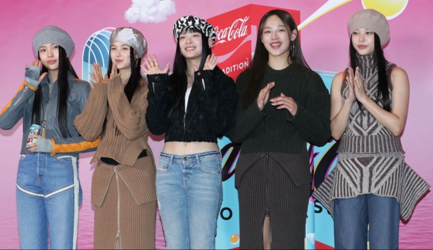 Five asian girls standing in front of a pink background.