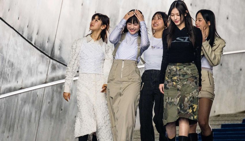 A group of girls in camouflage outfits walking down a staircase.