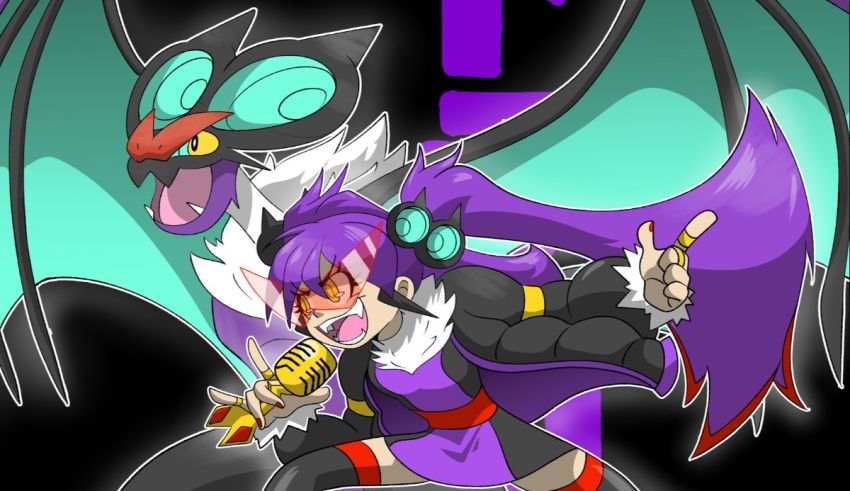 A girl with purple hair and a dragon in front of her.