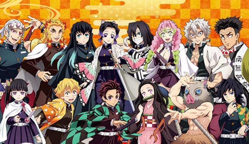 A group of anime characters posing in front of an orange background.
