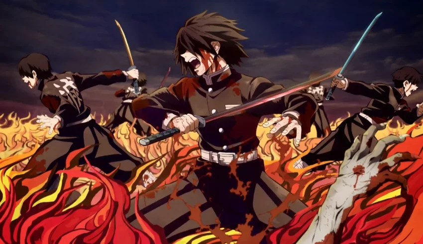 A group of anime characters with swords in front of fire.