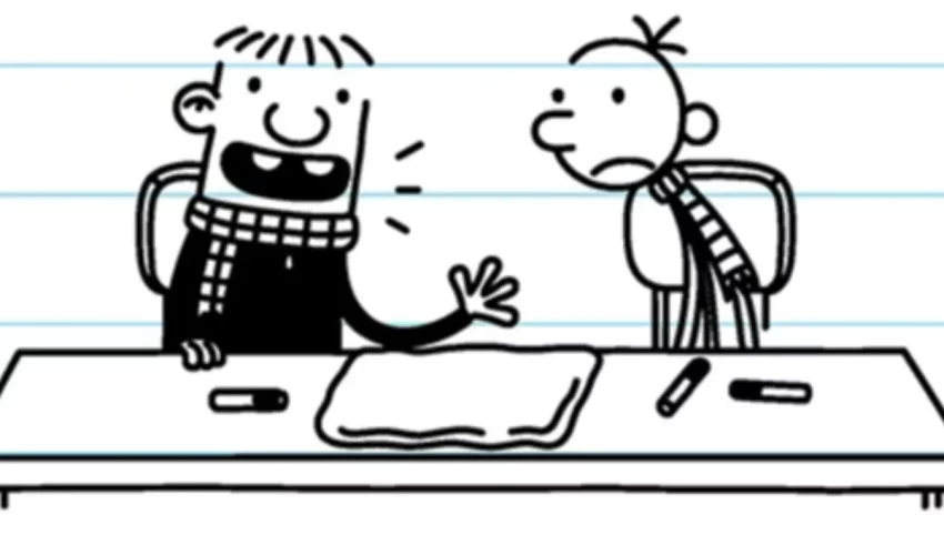 A cartoon of two people talking at a desk.