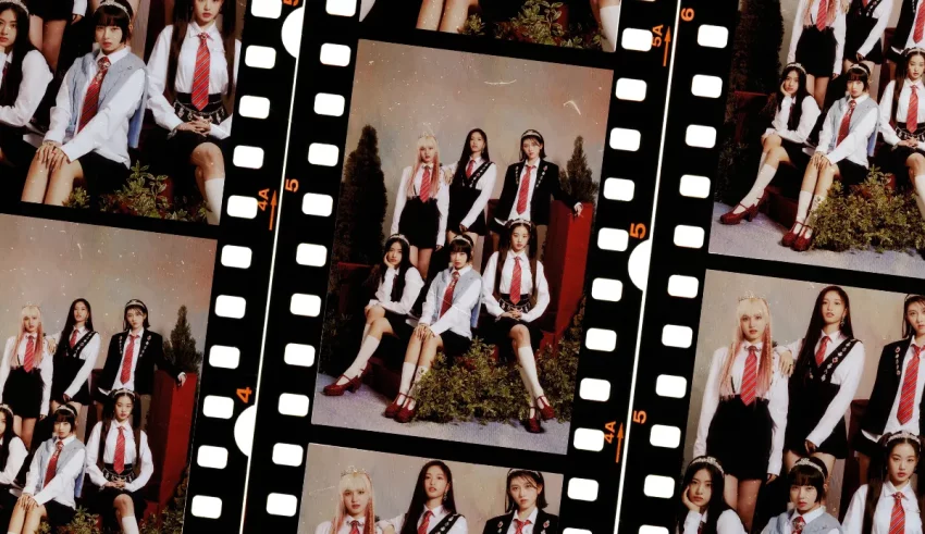 A group of girls in school uniforms are posing for a film strip.