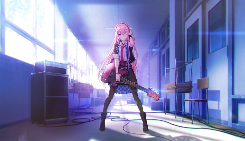 A girl with pink hair is standing in an empty room.