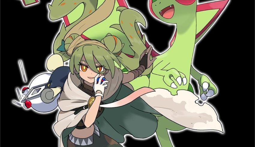 A girl with a green pokemon and a green pokemon.