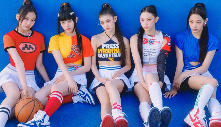 Five asian girls sitting on a blue wall with basketballs.