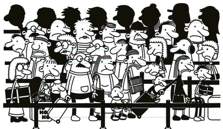 A black and white illustration of a crowd of people.