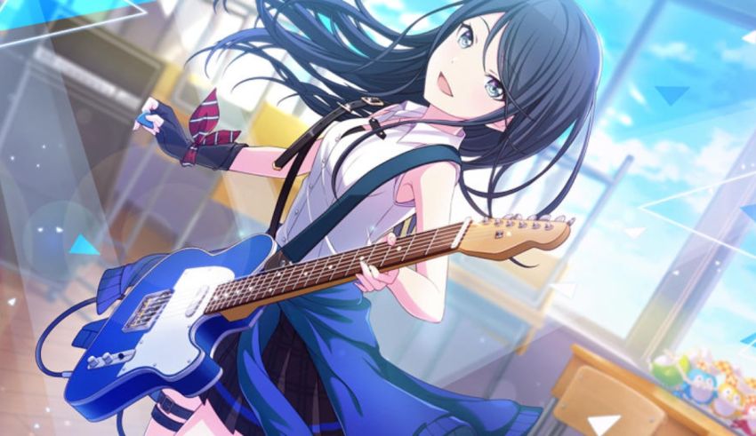 Anime girl holding a blue guitar in a room.